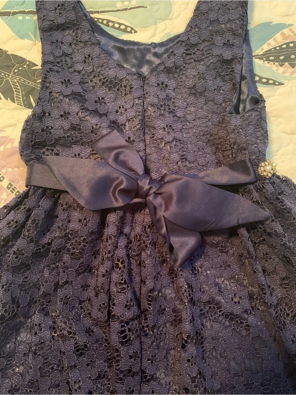 American Princess Navy Lace Dress with Pearl Floral Beading